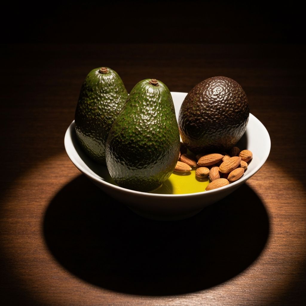 Whole avocados, walnuts, almonds and olive oil in a small ceramic bowl on a dark wooden surface